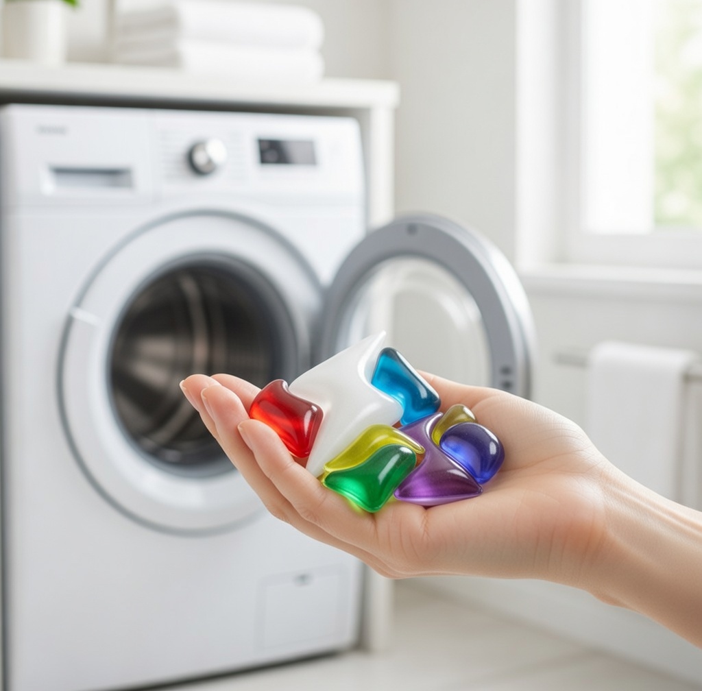 Colorful laundry pods in hand with washing machine in background Colorful laundry pods in hand with washing machine in background