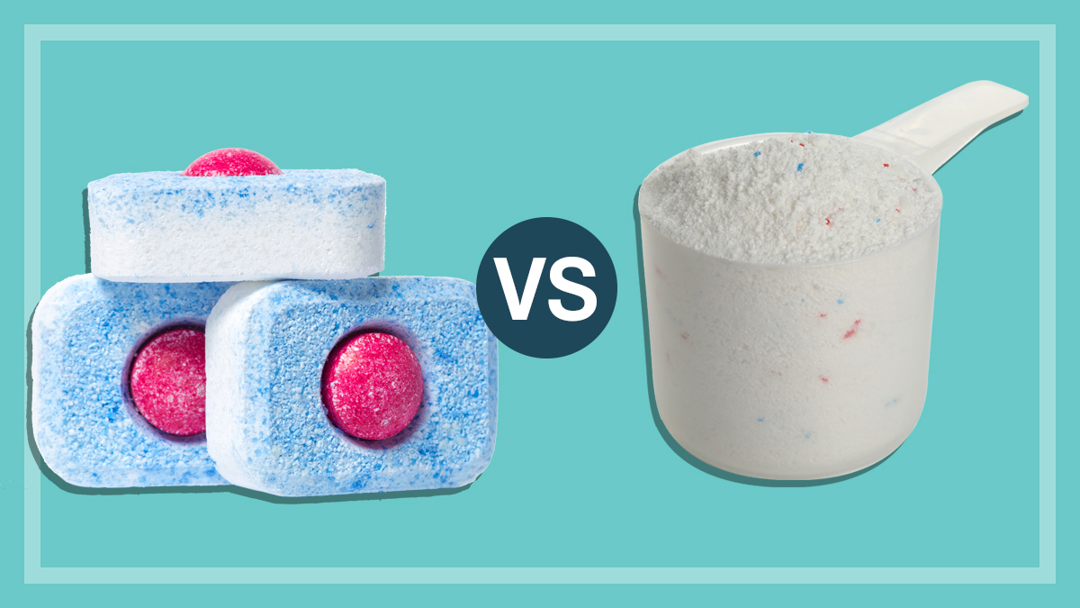 three dishwashing tablets vs dishwashing powder in a scoop