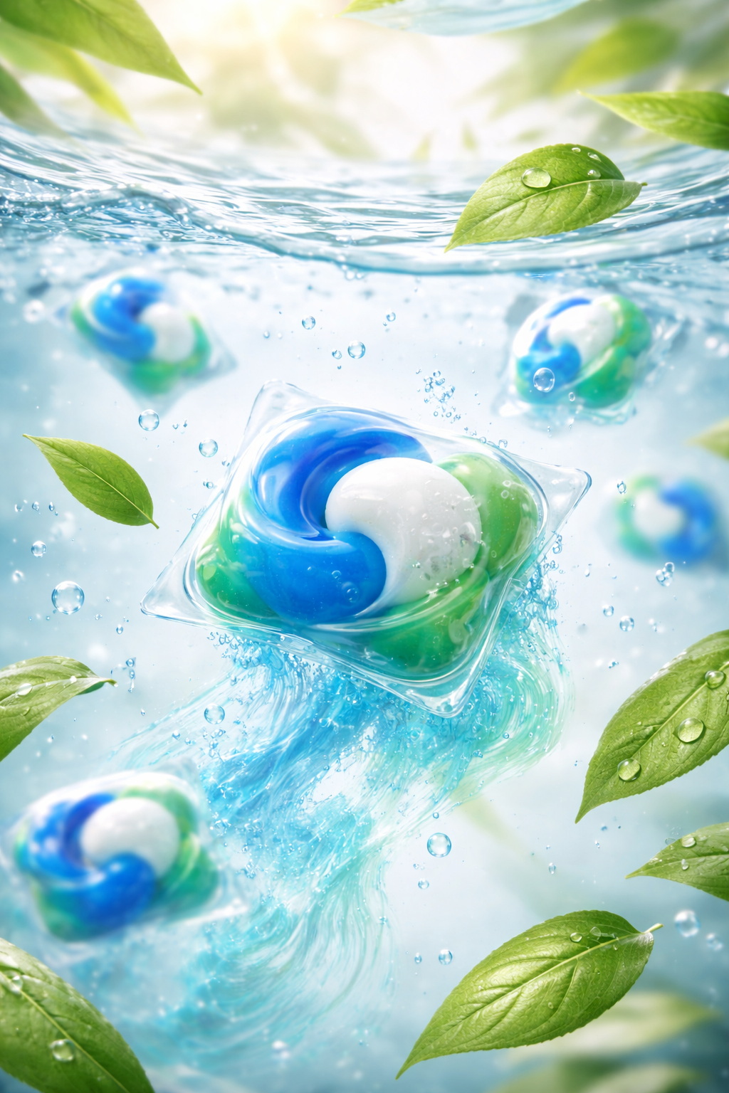 eco-friendly detergent pods dissolving in clear water with leaves floating around.jpg