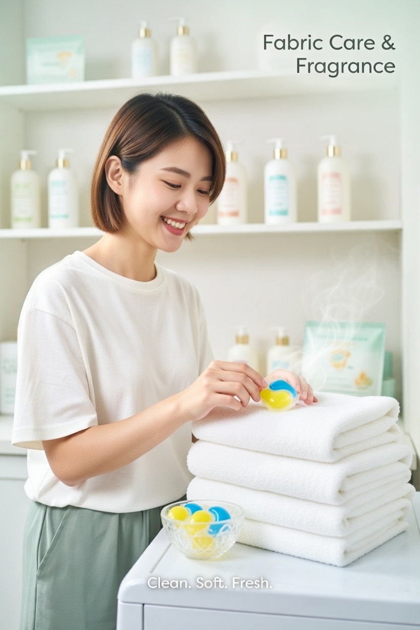 Woman placing laundry pods on folded towels Woman placing laundry pods on folded towels
