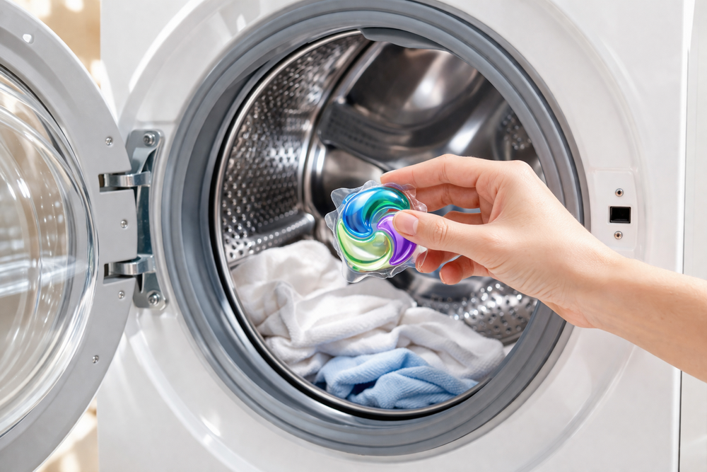 Una mano colocando una c&aacute;psula de lavander&iacute;a colorida en el tambor vac&iacute;o de una lavadora de carga frontal.png