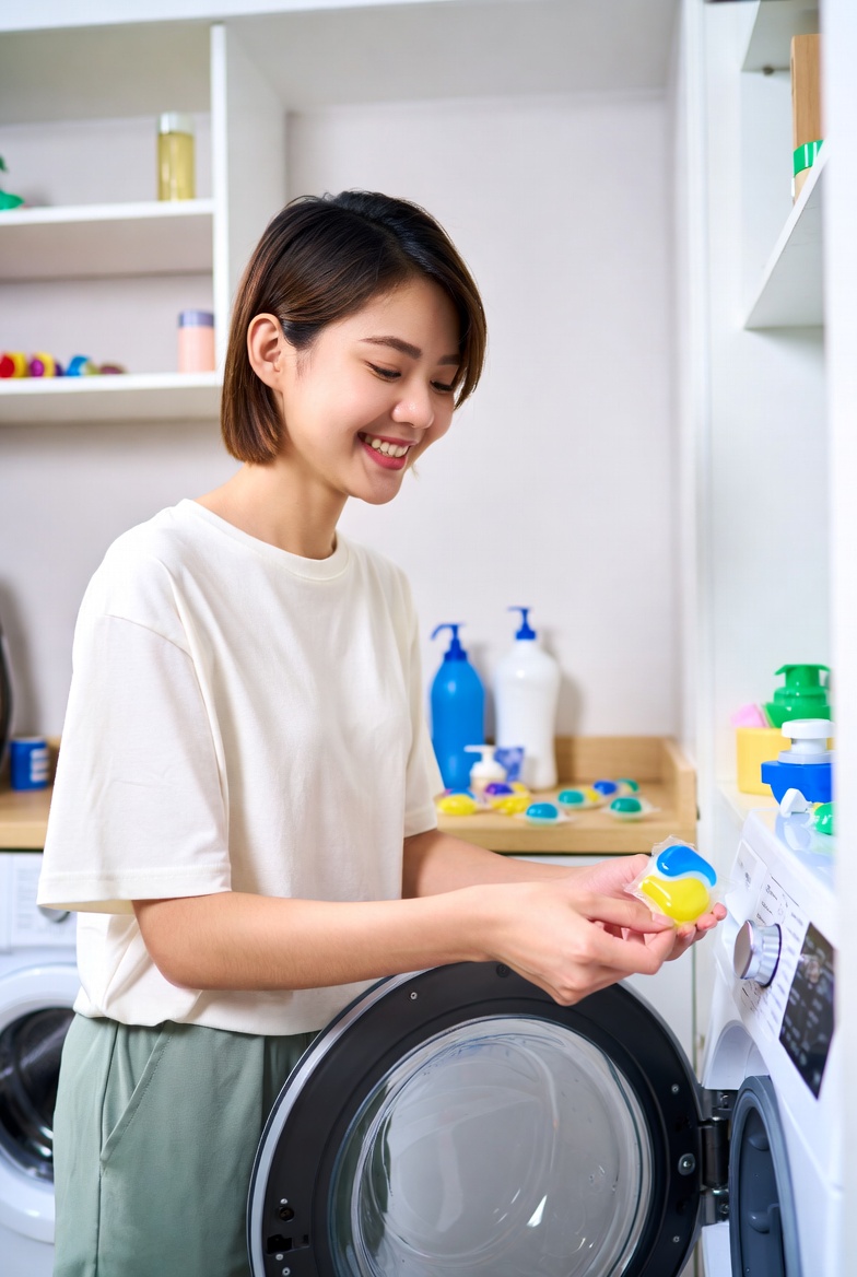 Woman placing laundry pod in washing machine Woman placing laundry pod in washing machine